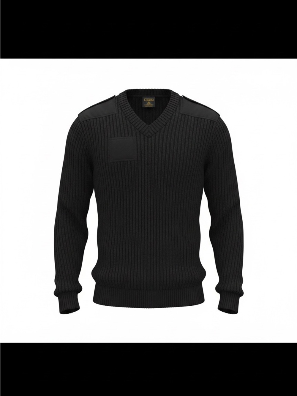 Classic Ribbed V-Neck Sweater with Shoulder Patches - Black 100% Virgin Wool
